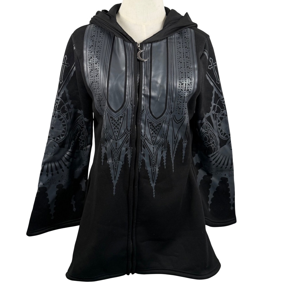 Gothic‎ Black M Zip Witchy Fleece Cloak Hoodie Cathedral Bell Sleeve Moon Occult